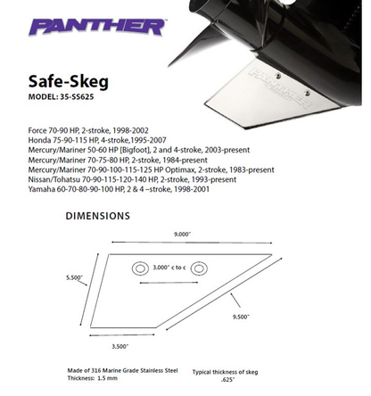 Panther Safe Skeg For Honda, Mercury, Tohatsu & Yamaha 50-140 HP Safe Skeg 35SS625