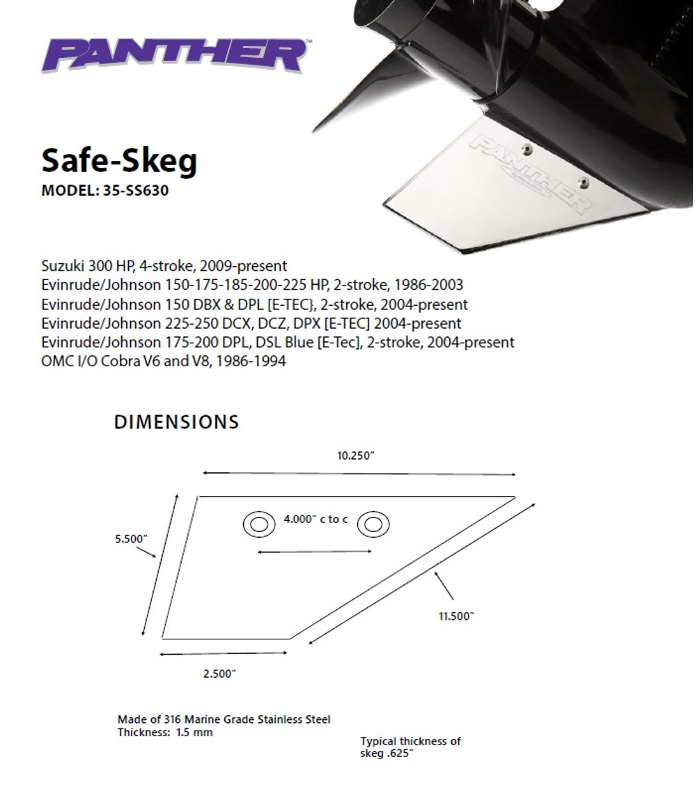 Panther Safe Skeg For Evinrude, Johnson & Suzuki 150-300 HP Safe Skeg 35SS630