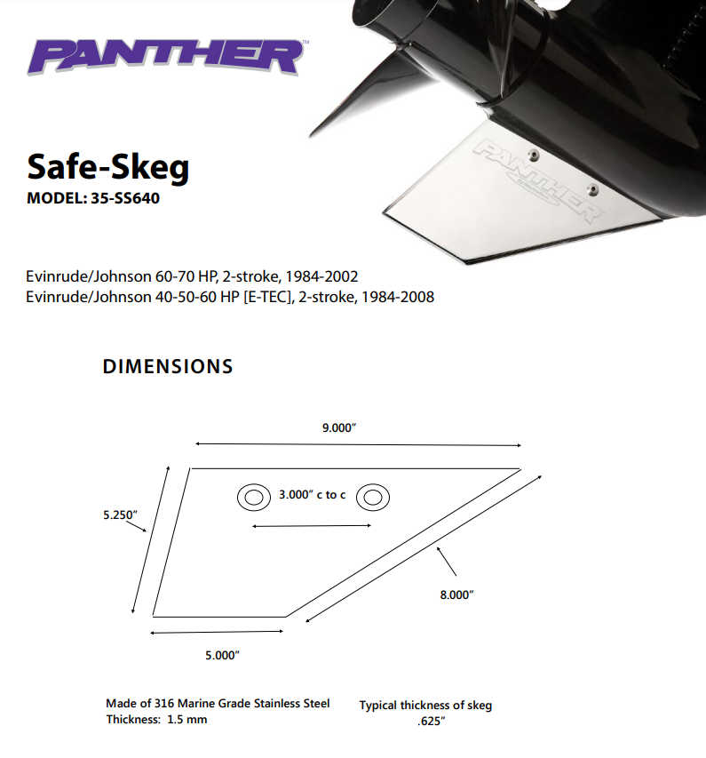 Panther Safe Skeg For Evinrude & Johnson 40-50-60-70 HP Safe Skeg 35SS640