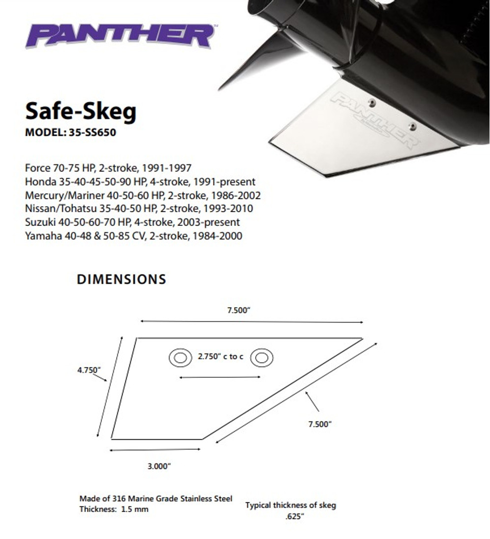 Panther Safe Skeg For Honda, Mercury, Suzuki, Tohatsu & Yamaha 35-90 HP Safe Skeg 35SS650